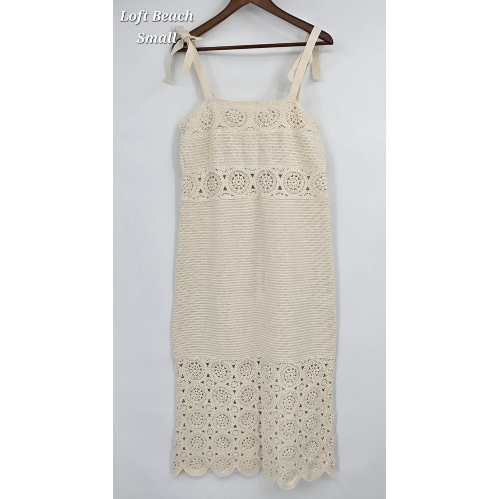 LOFT Beach Crochet Maxi Dress Women’s Small – Cream Knit Lace Maxi – Tie Straps